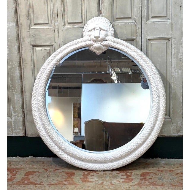 Regency Style White-Lacquered Lion & Serpent Circular Mirror, Style Thomas Hope A monumental English Regency-style carved...