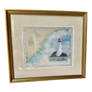 Long Bay Lighthouse Watercoor Painting Over Long Bay Nautical Chart - By Lila Miller