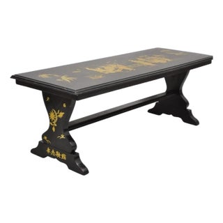 Vintage Chinoiserie Oriental Black Lacquer Gold Gilt Trestle Bench Coffee Table For Sale