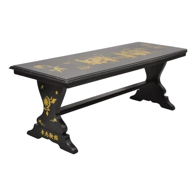 Vintage Chinoiserie Oriental Black Lacquer Gold Gilt Trestle Bench Coffee Table For Sale