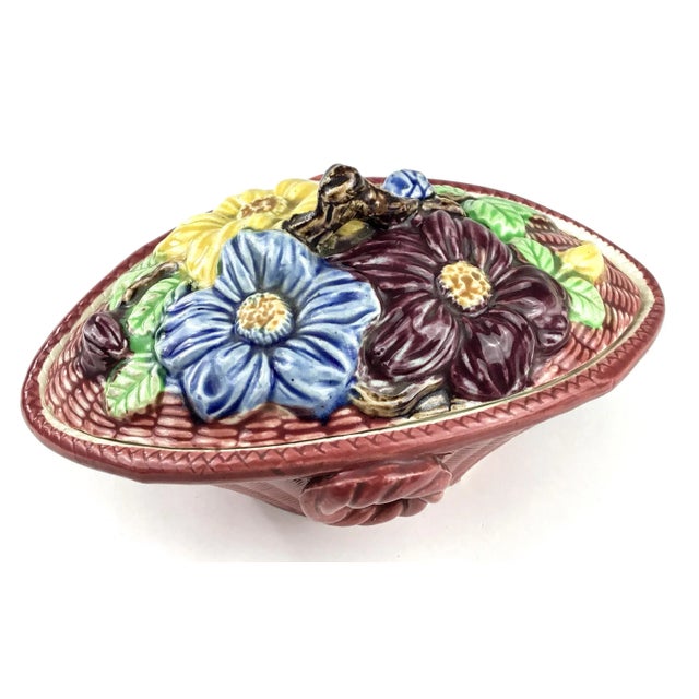 Colorful Japan Produced Majolica Covered Ceramic Basket For Sale - Image 13 of 13