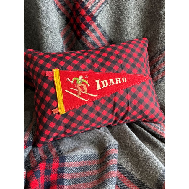 Idaho Ski Vintage Pennant on New Woven Plaid Throw Pillow For Sale - Image 4 of 4
