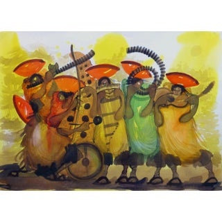 "Lively Local Musicians" Vibrant Colored Watercolor Drawing For Sale