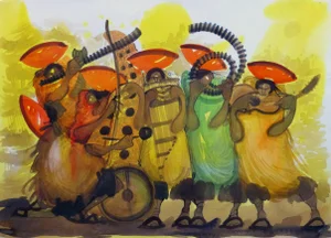 "Lively Local Musicians" Vibrant Colored Watercolor Drawing