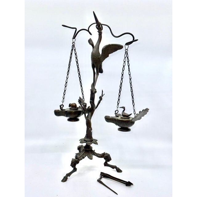 Pair of Grand Tour Pompeiian NeoClassical Bronze Heron Oil Lamps with Mouse, Swan For Sale - Image 13 of 18