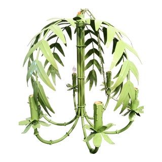 Vintage Kelly Green Lacquered Palm Leaf Palm Beach Regency 6 Light Chandelier For Sale