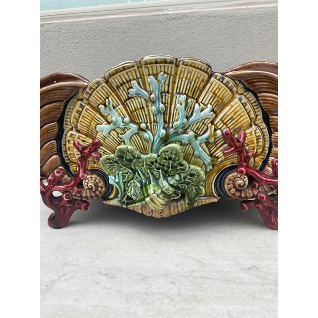 Large Spectacular 19th Century Majolica Shell & Coral jardiniere signed Sarreguemines Majolica. 20 inches Lenght.