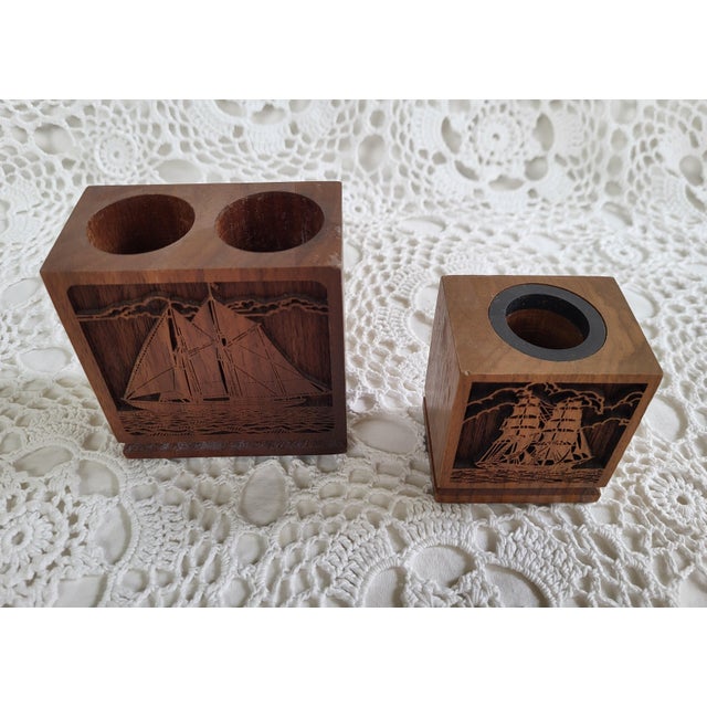 1980s Pair of Wooden Engraved Sailboat Office Organizers For Sale - Image 4 of 7