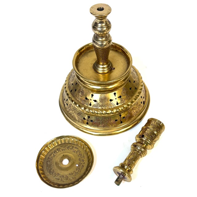 Large Dutch Baroque Engraved & Pierced Brass Chamber Candlestick Ventilated Base For Sale In West Palm - Image 6 of 18