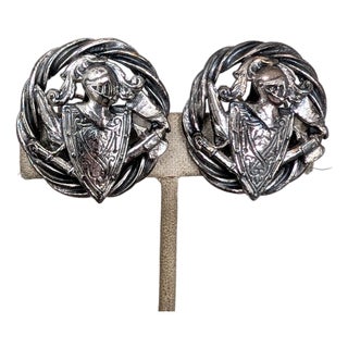 Vintage 1950s Signed Napier Silvertone Round Knight With Shield Clip Earrings-2 Pieces For Sale