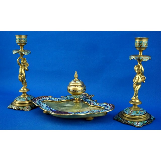 Triptych Inkwell and Candleholders in Gilded Bronze and Onyx Marble, Set of 3 For Sale - Image 3 of 18
