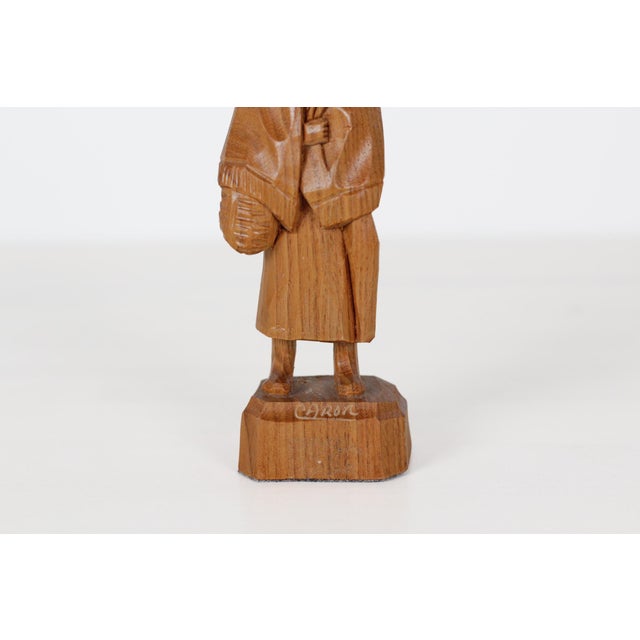 Folk Art 1970's Caron Hand-Carved Wood Figurine of Elderly Woman With Basket For Sale - Image 3 of 8