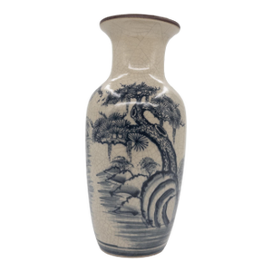 Mid 20th Century Bat Trang Crackle Glaze Stoneware Vase With Hand-Painted Cobalt Landscape