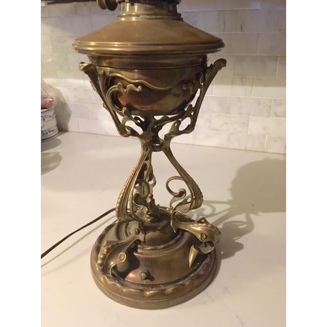 19th Century Art Nouveau Brass Converted Oil Lamp From Messengers For Sale - Image 9 of 17