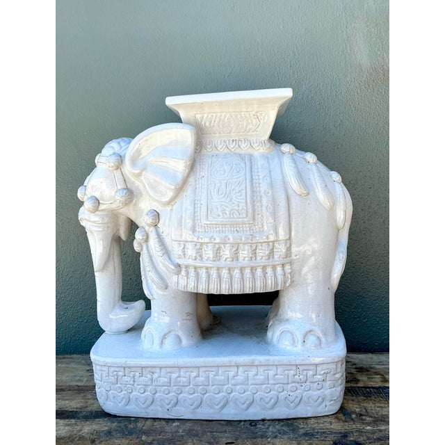 White Vintage Glazed Ceramic Elephant Low Stool For Sale - Image 8 of 12
