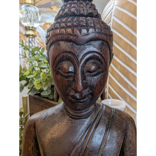 Mid 20th Century Vintage Hand Carved Wooden Buddha Statue Sculpture Meditation Figure 14” Thai For Sale - Image 5 of 12