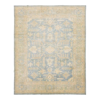 Modern Hand-Knotted Oushak Style Wool Area Rug in Soft Sky Blue and Cream For Sale
