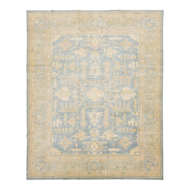 Modern Hand-Knotted Oushak Style Wool Area Rug in Soft Sky Blue and Cream For Sale