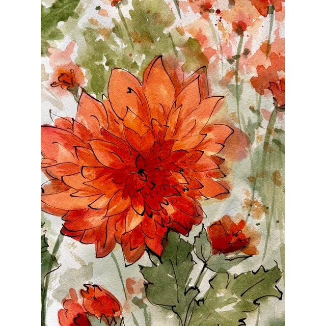 Orange Original Watercolor Painting of “Orange Dahlias” For Sale - Image 8 of 9