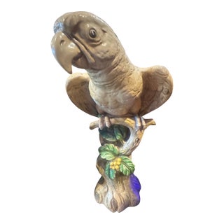 1950's Vintage White Chalkware Large Parrot on Tree Statue For Sale