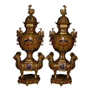Pair of Large Vintage Chinese Cloisonne Gilt Bronze Censers, Ram Bases & Phoenix Handles For Sale