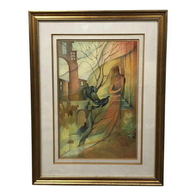 Early 20th Century Woman and the Birds, Original Watercolor, Signed, Framed For Sale