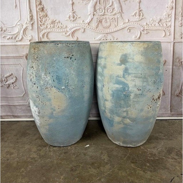 Pair of Large Atelier Vierkant Style Planters - Ocean Blue Patina Barrel Pots For Sale - Image 9 of 12