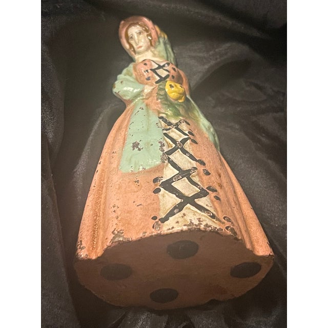 Antique Cast Iron Doorstop W Victorian Lady in Peachy Pink Colonial Attire & Sunflower Bonnet For Sale - Image 6 of 12