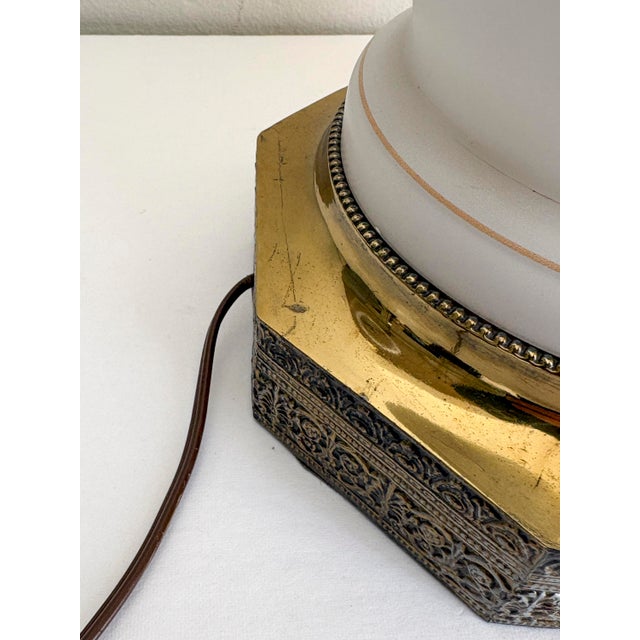 White Mid Century Bavarian Glass Lamp Painted Floral Gold Accents With Shade For Sale - Image 8 of 11