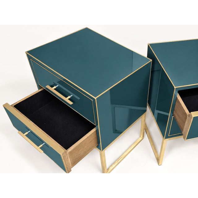 Petrol Teal Murano Glass Bedside Tables with Polished Brass from Justfurnituress SRL, Set of 2 For Sale - Image 4 of 9