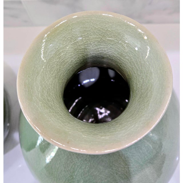 Vintage Thai Celadon Green Crackle Glaze Ceramic Vases — A Pair For Sale - Image 14 of 17