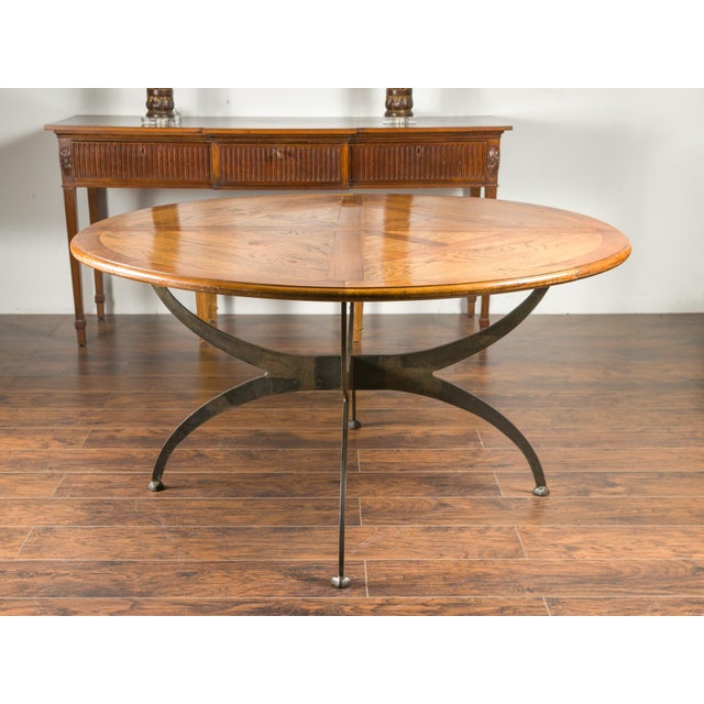 French French Dining Table with Round Parquetry Top circa 1900 and New Custom Iron Base For Sale - Image 3 of 7