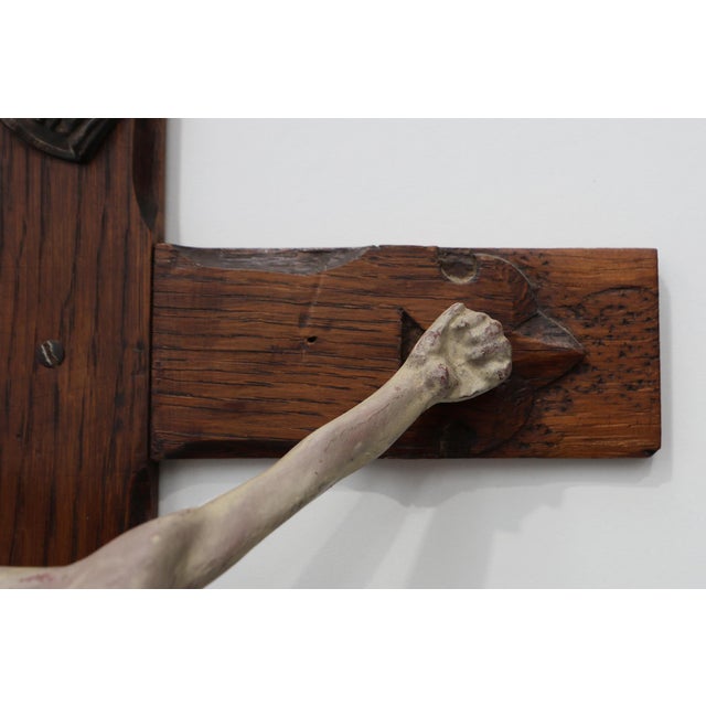 Brown Belgian Wooden Crucifix with Painted Plaster Corpus and Metal Inri Plaque, 1920 For Sale - Image 8 of 10