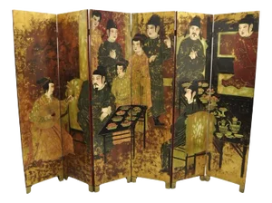 Large Vintage Chinoiserie Chinese 6-Panel Figural Red Folding Screen Room Divider