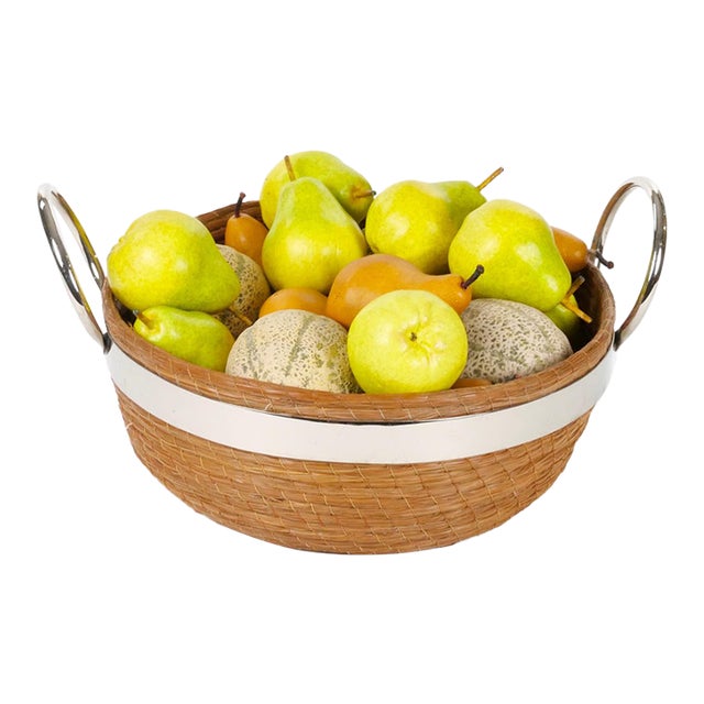 Mid Century Modern Chrome Ring-Handled Basket Centerpiece Composite Fruit Pears For Sale