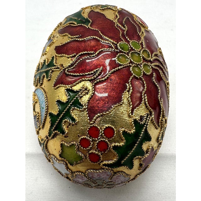Vintage Cloisonné Holiday Egg — Poinsettia, Holly & Celestial Design For Sale - Image 4 of 9