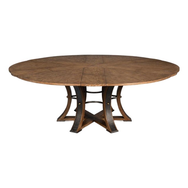 Large Round Dining Table in Light Brown Oak With Iron Base For Sale