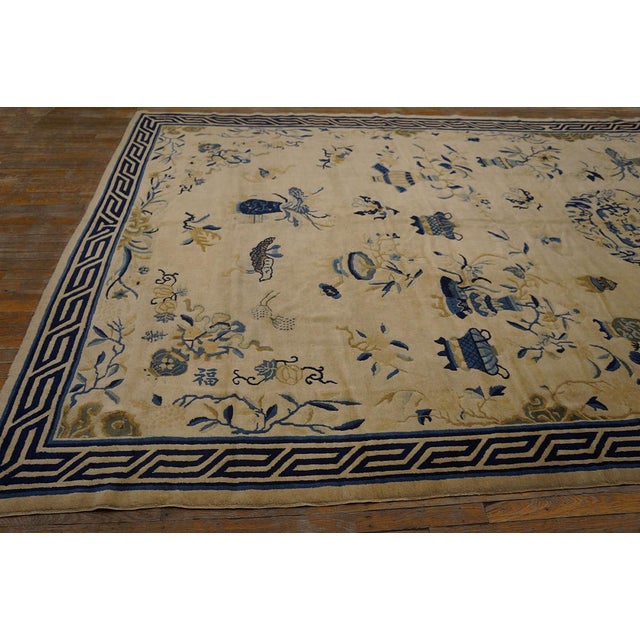 1890s Tan Beige Floral Vase Antique Chinese Peking Rug 8' 1" X 15' 6" Handknotted Wool Carpet For Sale - Image 4 of 6
