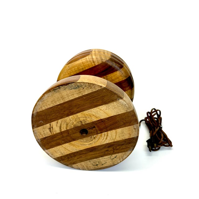 Brown 2-Toned Striped Wooden Table Lamp For Sale - Image 8 of 11