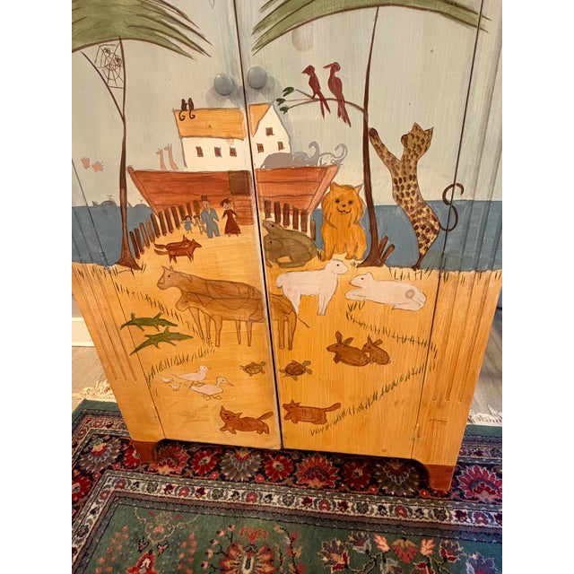 Habersham Cabinet, 1990, a Two-Door TV/entertainment Cabiinet With a Hand Painted Noah's Ark Folk-Art Scene For Sale - Image 12 of 13
