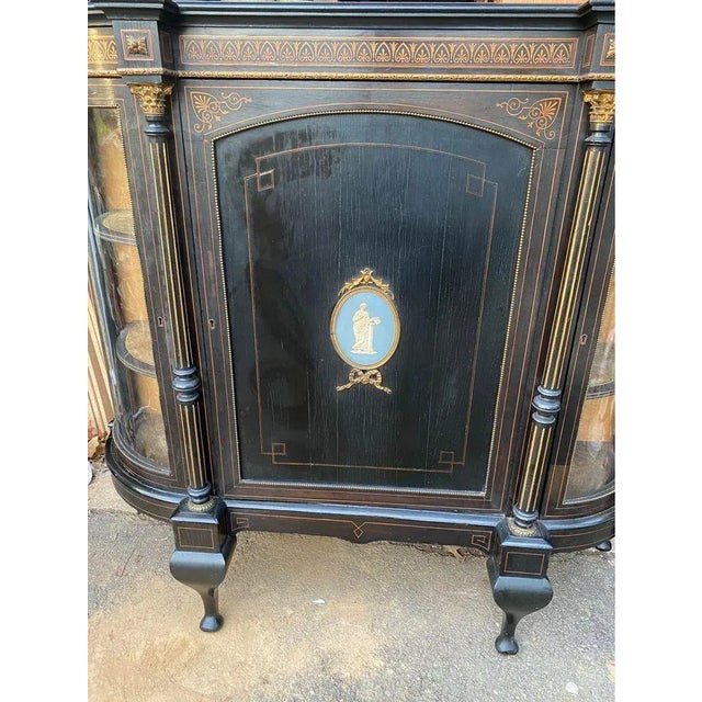 Antique Display Cabinet- Credenza Sideboard with Black and Gold Ormolu It features Victorian inlaid + ebonized cabinet...