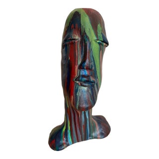 1970s Studio-Made Hand-Painted Clay Bust – Modernist Elongated Head Sculpture, Matte Finish, 14” For Sale