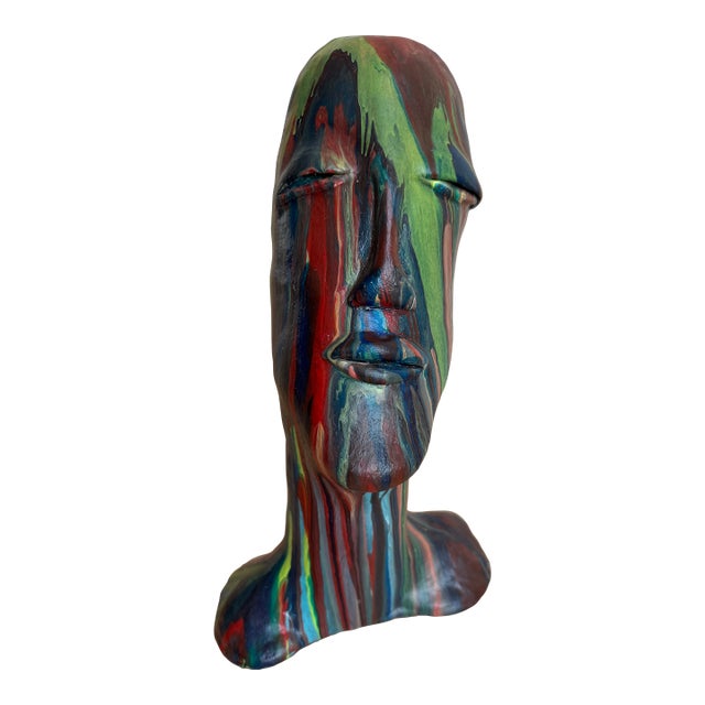 1970s Studio-Made Hand-Painted Clay Bust – Modernist Elongated Head Sculpture, Matte Finish, 14” For Sale
