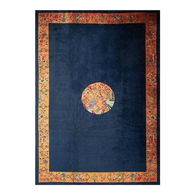 1920s Antique Blue Navy Grand Scale Medallion Knotted Wool Chinese Art Deco Rug For Sale