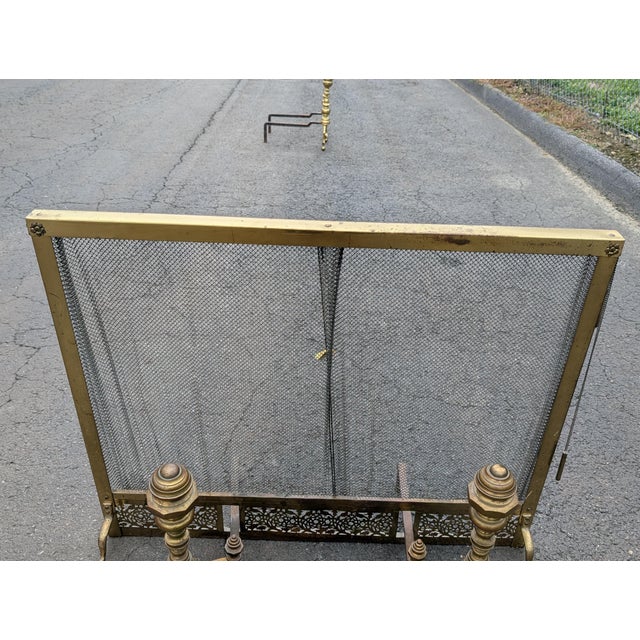 Mid 20th century Hollywood Regency Brass Fireplace Andirons With Flex Screen For Sale - Image 4 of 11