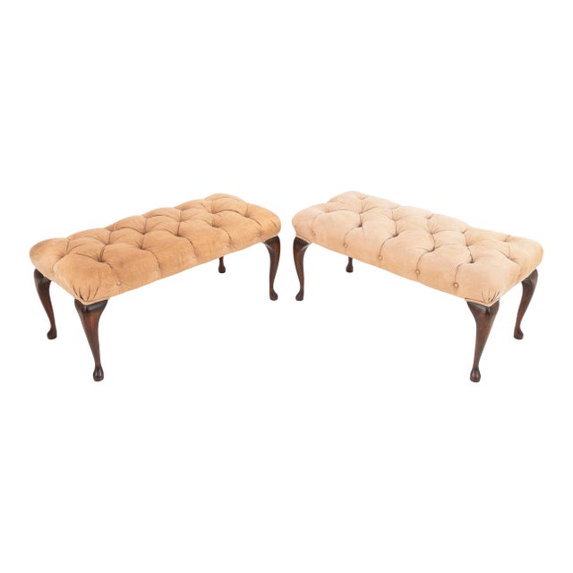 Queen Anne Style Upholstered Benches, Pair For Sale