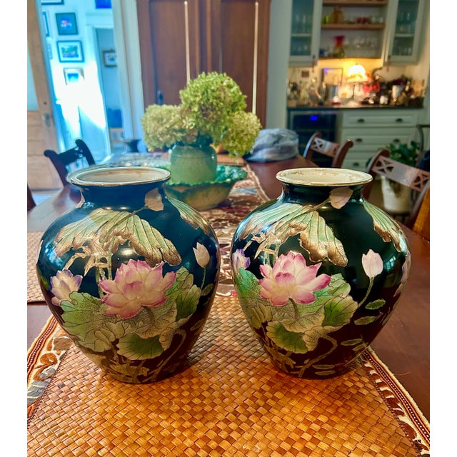 Early 20th Century Chinoiserie Lotus Vases - a Pair For Sale - Image 4 of 4