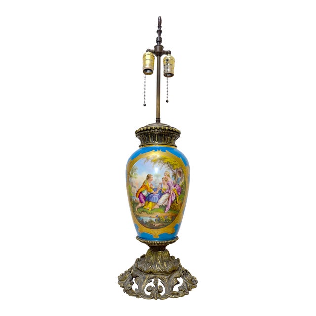 Large Antique Ornate Sevres Painted Porcelain Bronze Electric Table Lamp Vase For Sale