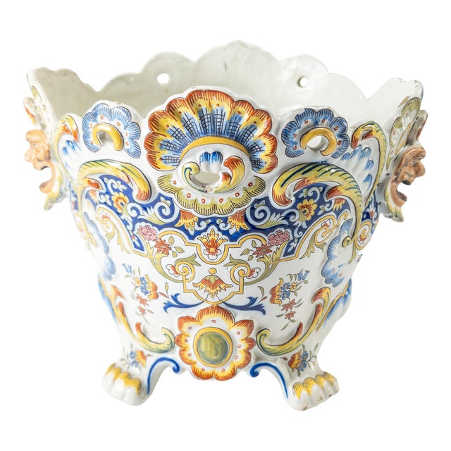 19th Century French Faience Polychrome Rouen Centerpiece Jardiniere For Sale
