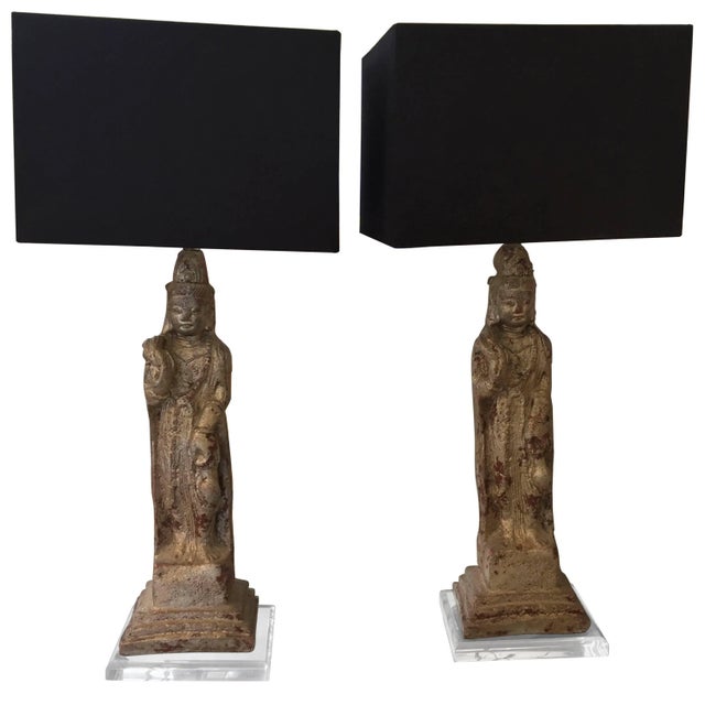 Black Patinated Plaster Asian Figures Made into Lamps on Lucite Stands - A Pair For Sale - Image 8 of 8